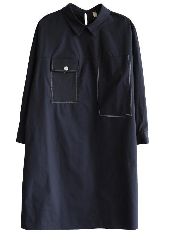 Navy Long Sleeve Peter Pan Collar Cotton Spring Dresses