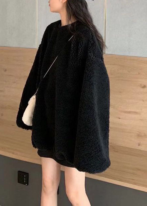 Loose Orange O-neck Thick Teddy Faux Fur Pullover Long Sleeve