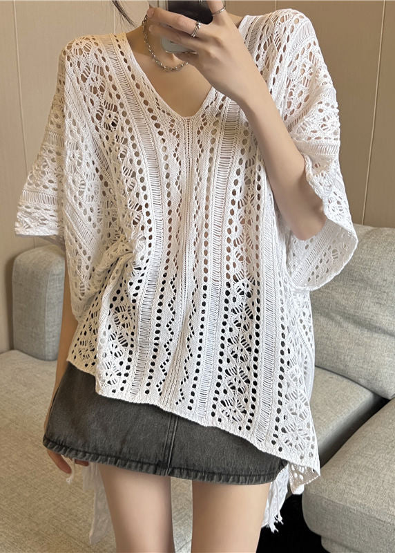 Black V Neck Low High Design Ice Silk Knit T Shirt Summer