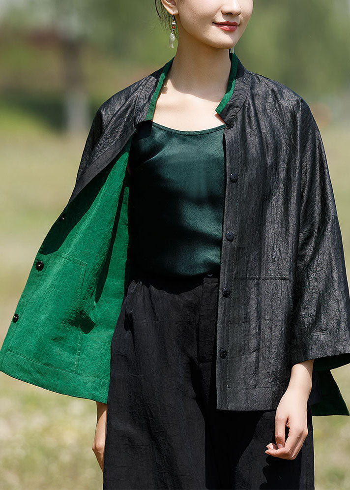 Boutique Black Green Side Open Low High Design Stand Collar Wear on Both Sides Silk Coats Spring