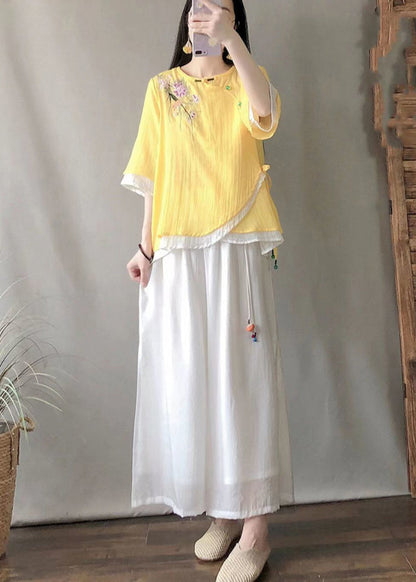 Yellow Embroideried Patchwork Linen Shirt Tops Summer