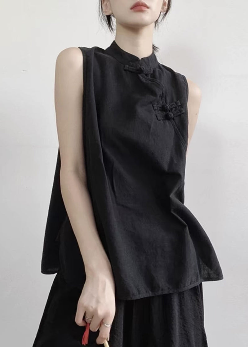 Black Stand Collar Button Cotton Vest Sleeveless