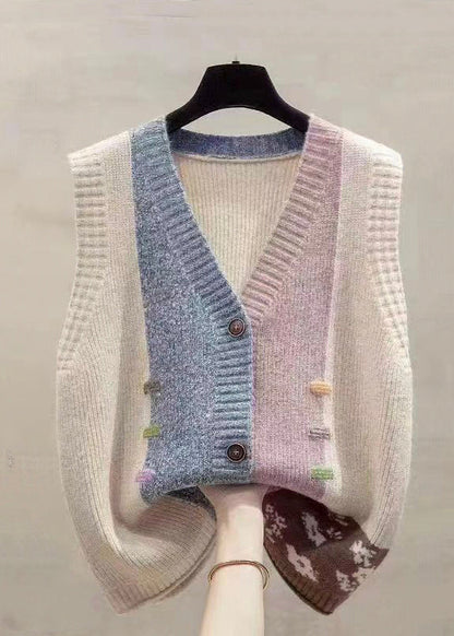 Colorblock V Neck Patchwork Knit Vests Spring