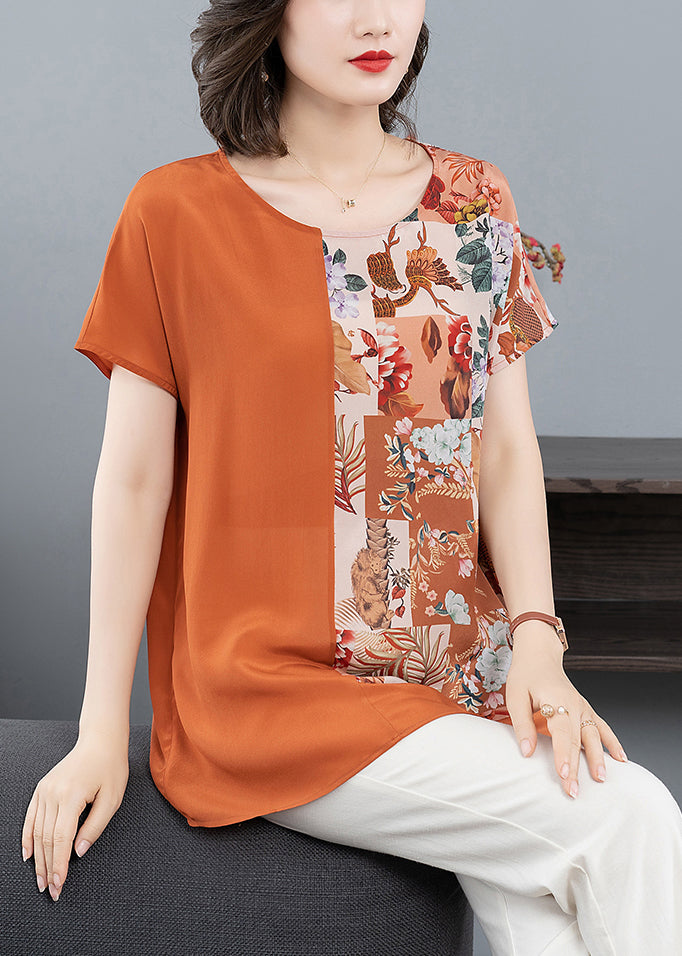 Orange O Neck Print Patchwork Silk T Shirt Tops Summer