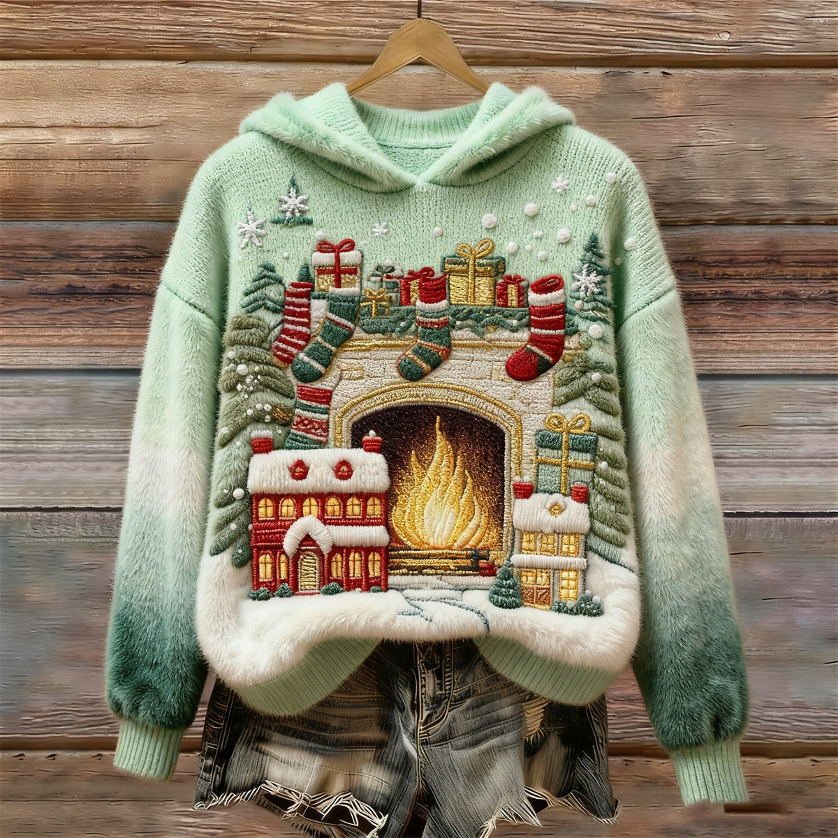 Women's Retro Christmas Tree Pattern Casual Hooded Sweatshirt