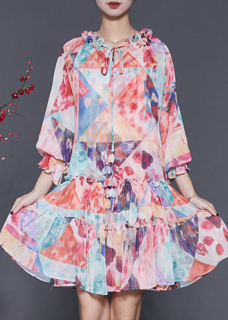 Orange Ruffled Print Chiffon Mid Dress Spring