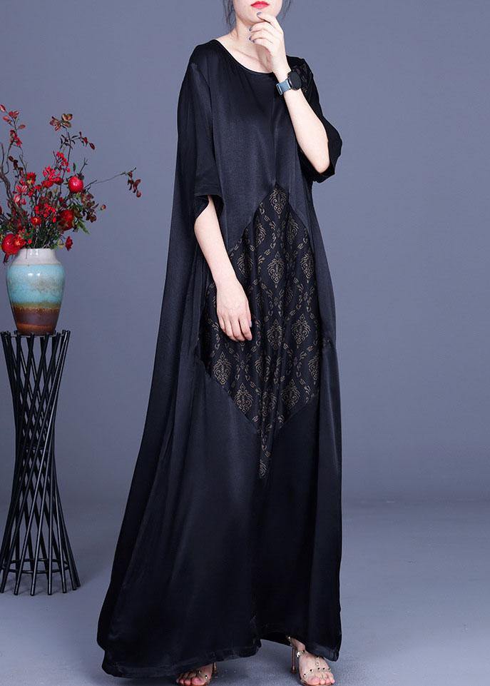 Fine Black Patchwork Print O-neck Silk Summer Dresses