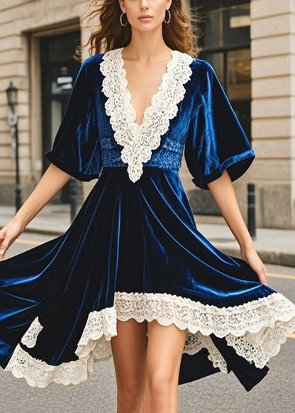 Navy Asymmetrical Patchwork Silk Velour Dresses Summer