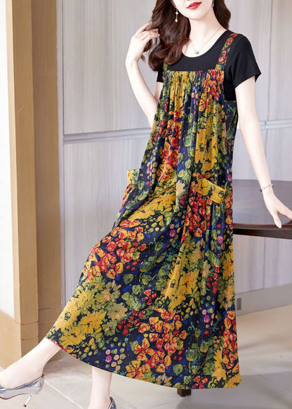 Yellow Print Exra Large Hem Silk Holiday Dresses Summer