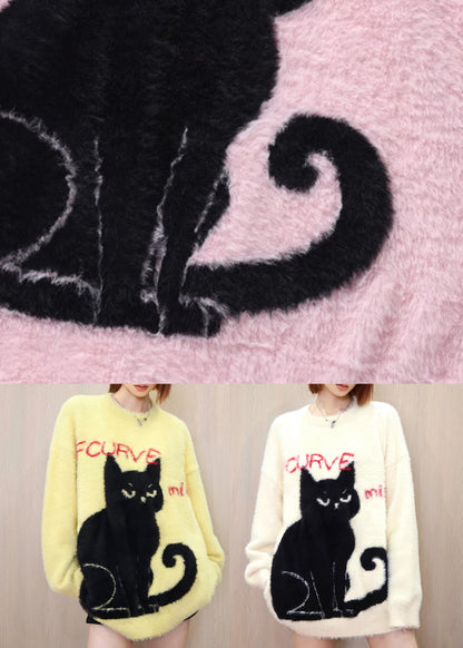 Diy Yellow O Neck Animal Mink Hair Knitted Sweater Tops Spring
