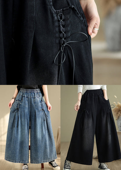 Denim Blue Cross Strap Wide Leg Pants Wrinkled Fall