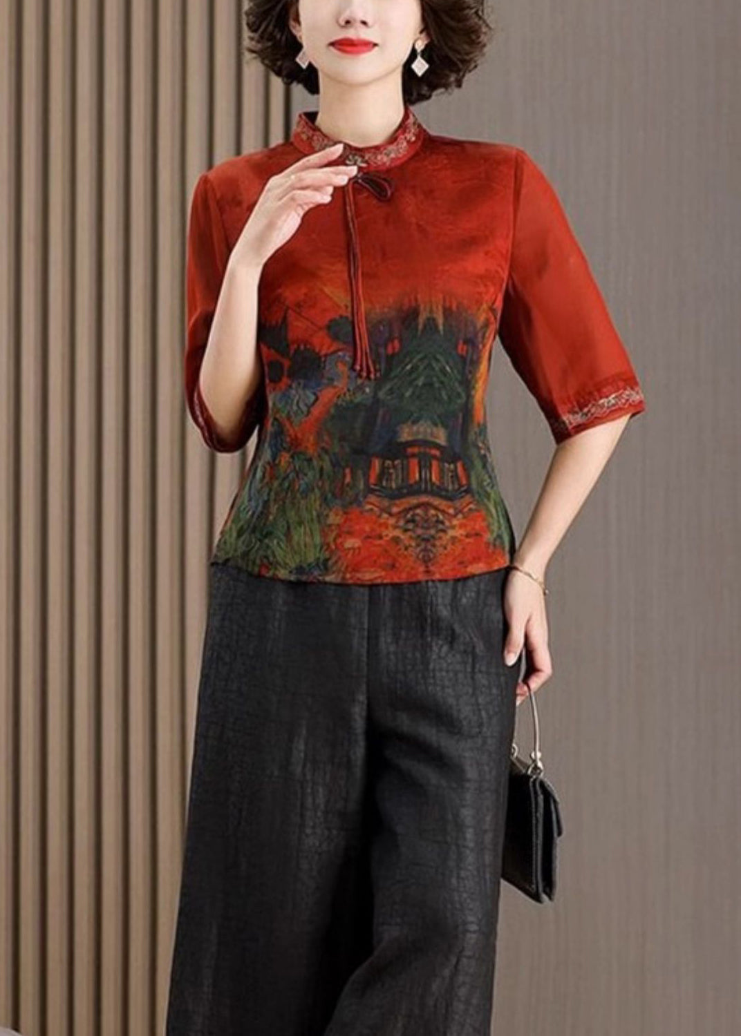 Red Stand Collar Tasseled Print Silk Shirt Tops Half Sleeve