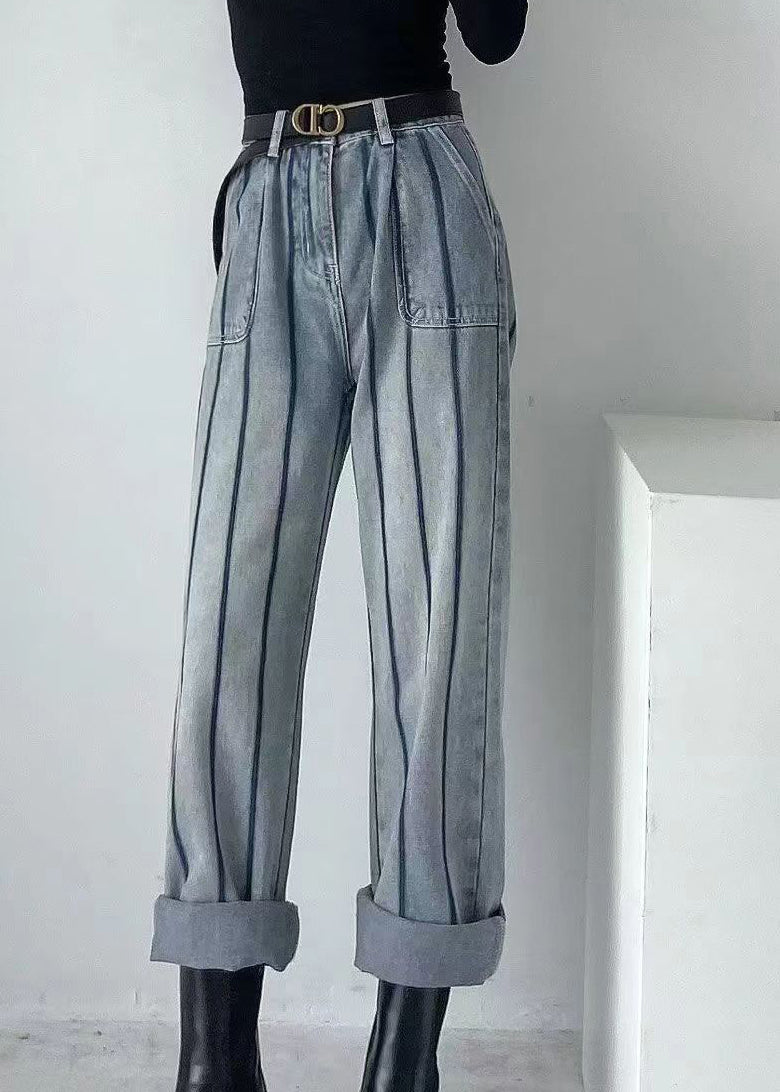 Blue High Waist Striped Patchwork Jeans Spring