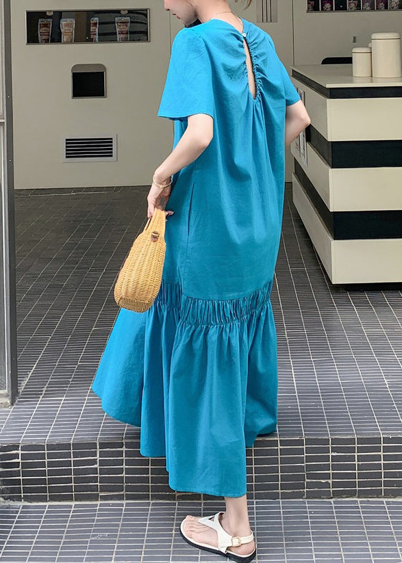 Novelty Blue Ruffled Patchwork Hollow Out Long Dress Summer