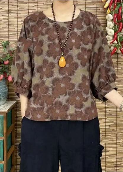 Red O-neck Oversized Print Linen Shirt Bracelet Sleeve