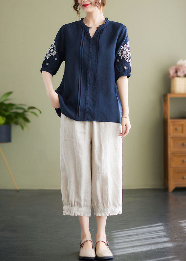 Navy Embroideried Patchwork Wrinkled Linen Shirts Summer