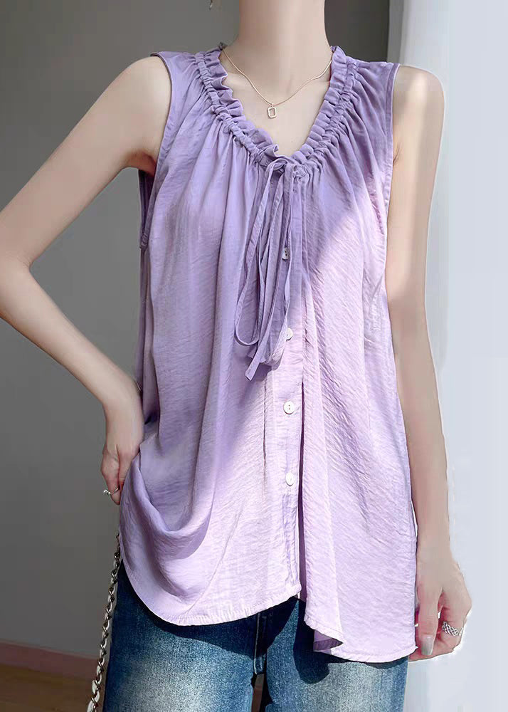Purple Lace Up Cotton Blouses Ruffled Summer