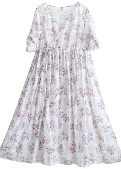 Modern V Neck Drawstring Summer Beige Print Kaftan Dress