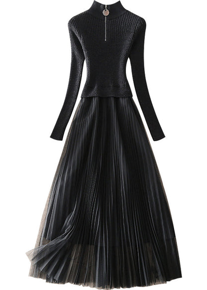 Black Zip Up Tulle Patchwork Knit Long Dresses Spring
