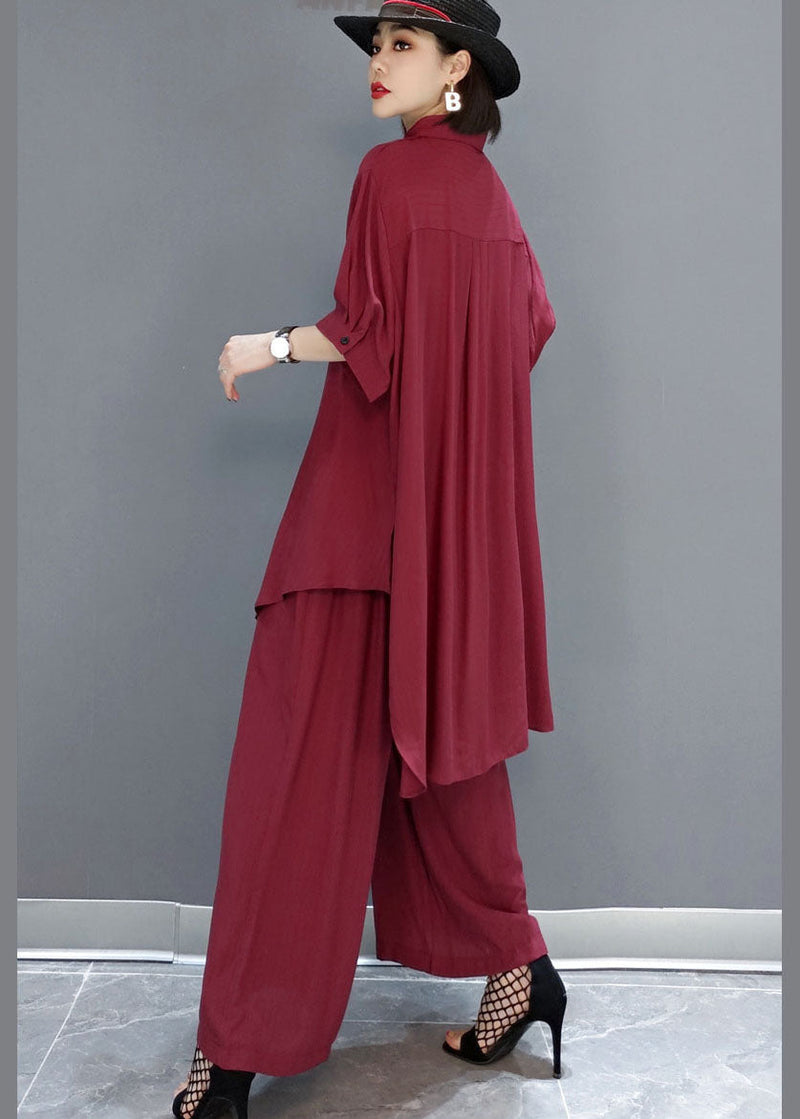 Red Peter Pan Collar Shirt Wide Leg Pants Satin Two Pieces Set Spring