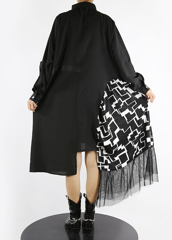 Loose Black Button Asymmetrical Design Peter Pan Collar Patchwork Shirt Dresses Spring