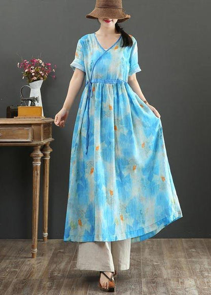 Fitted Blue Print Linen Tie Waist Summer Vacation Dresses