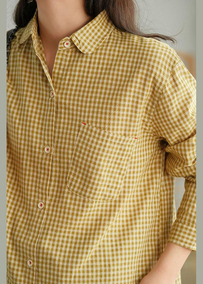 Yellow Plaid Retro Pockets Spring Long Sleeve Blouse Top