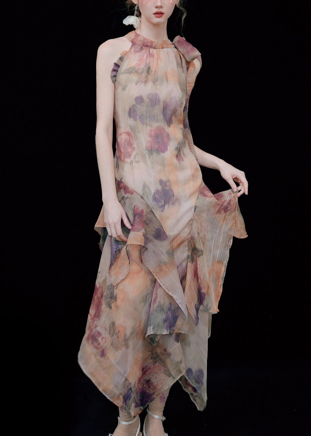 Novelty Print Ruffled Lace Up Cotton Long Dresses Sleeveless Summer