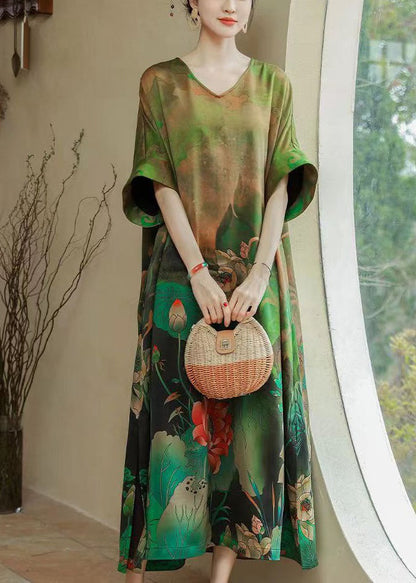 Green O Neck Print Cotton Blend Long Dresses Summer