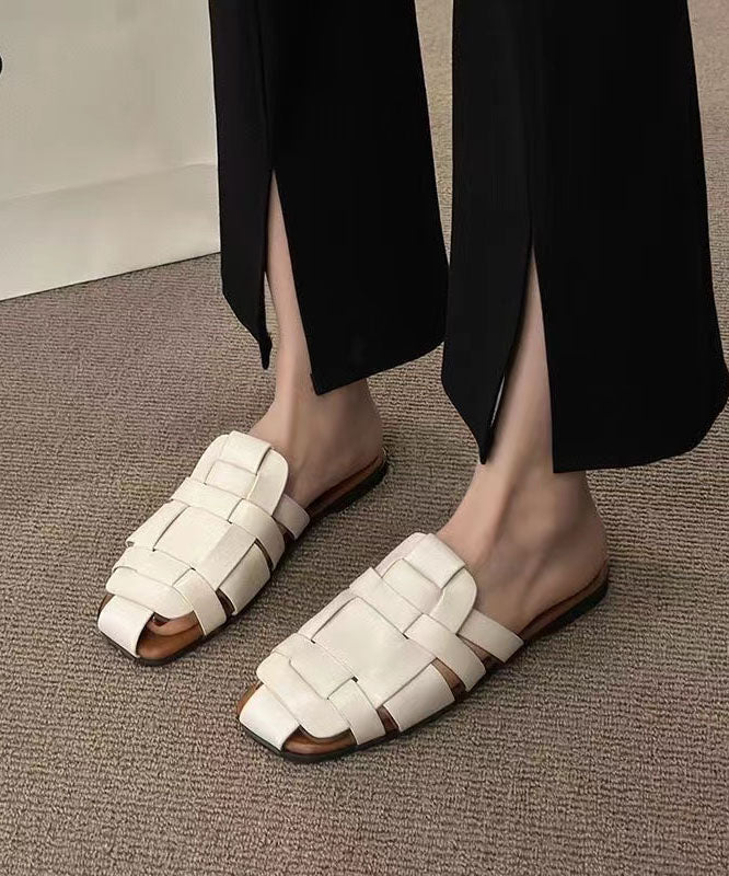 Beige Slide Sandals Faux Leather Hollow Out Splicing