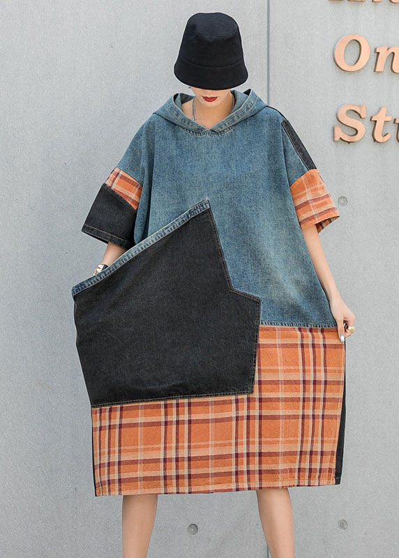 Blue Hooded Patchwork Plaid Pockets Fall Denim Dresses Half Sleeve