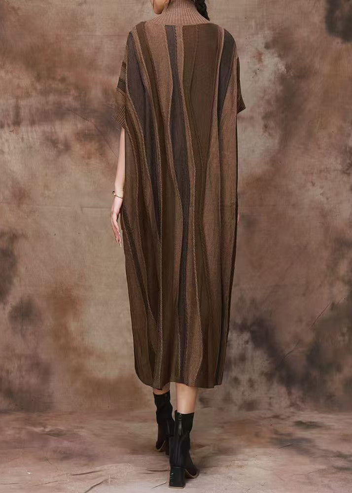 French Coffee Striped Turtleneck Patchwork Cashmere Dress Fall