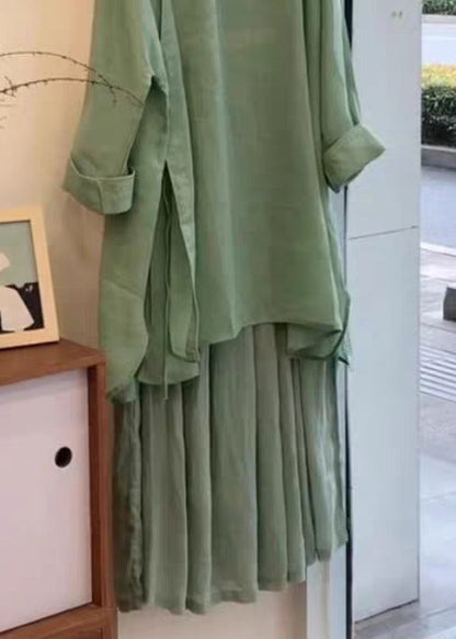 Green Button Side Open Blouses and Skirts Linen Two Pieces Set Fall