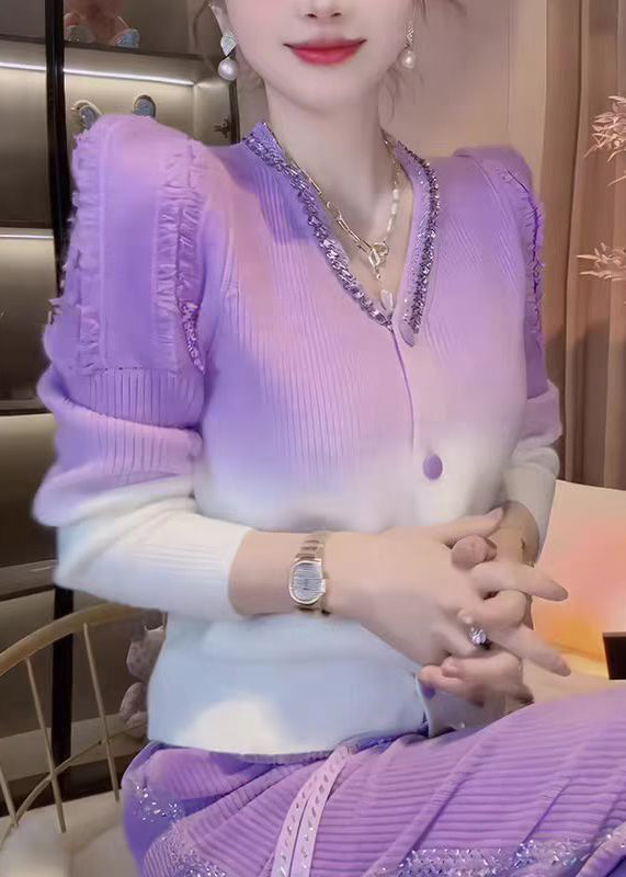 Gradient Color V Neck Zircon Knit Cardigans Fall