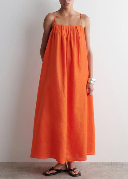 Orange Oversized Linen Spaghetti Strap Dress Summer