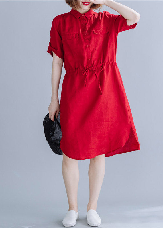 Red Peter Pan Collar Drawstring Shirt Dresses Summer