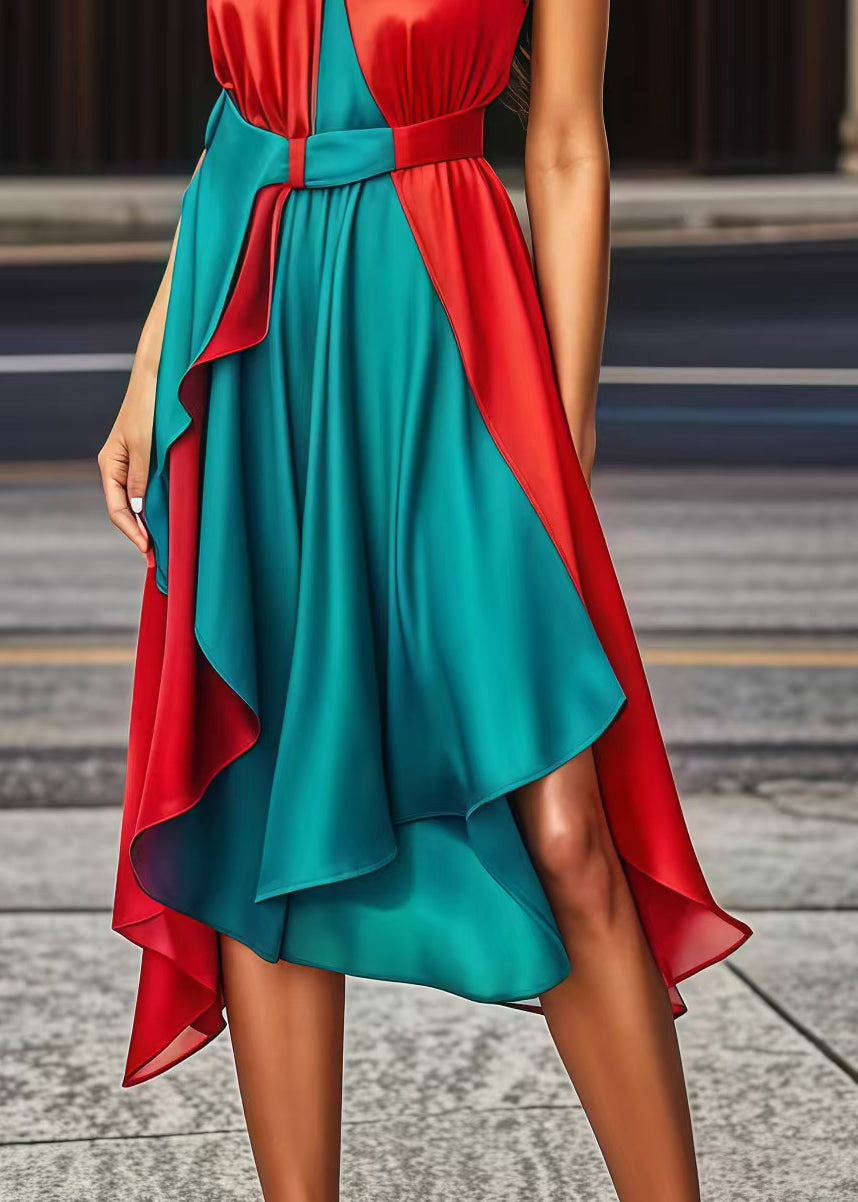 Colorblock Asymmetrical Patchwork Silk Halter Dress Summer