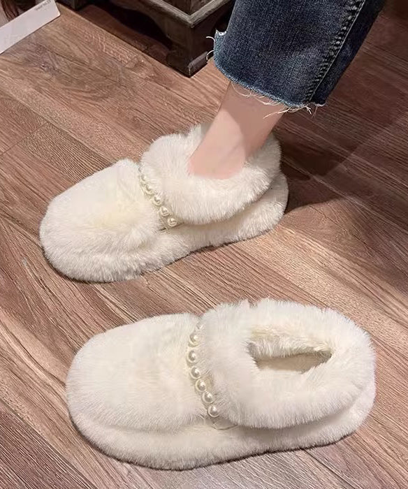 Beige Fuzzy Fur Platform Penny Loafers Splicing Nail Bead