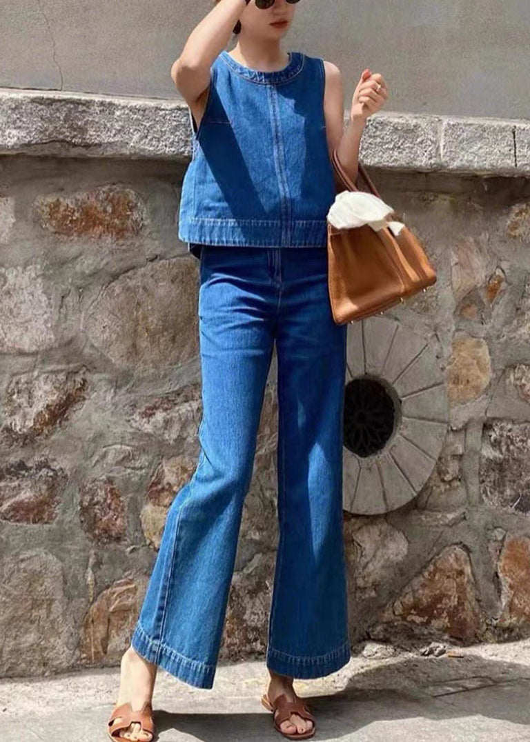 Boutique Denim Blue Patchwork Top and Wide Leg Pants Two Piece Set Sleeveless