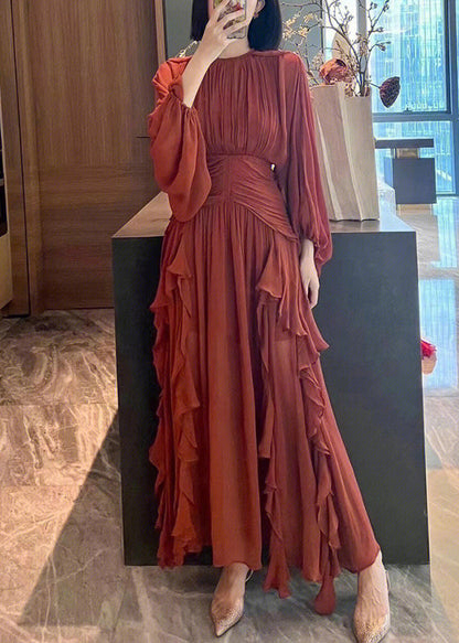 Slim Fit Red O-neck Wrinkled Party Chiffon Maxi Dress Spring