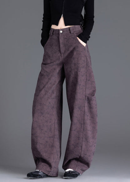 Purple Pockets Print Wrinkled Denim Pants Spring