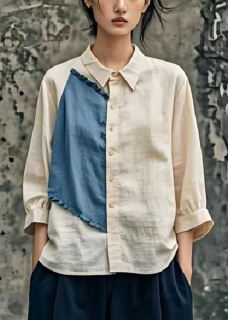 Apricot Oversized Patchwork Linen Blouse Tops Bracelet Sleeve