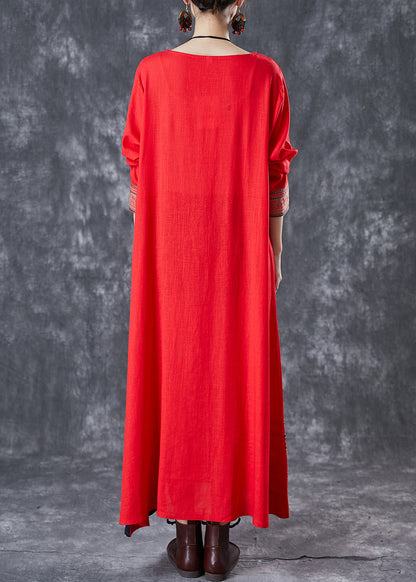 Red Patchwork Linen Maxi Dresses Embroideried Spring