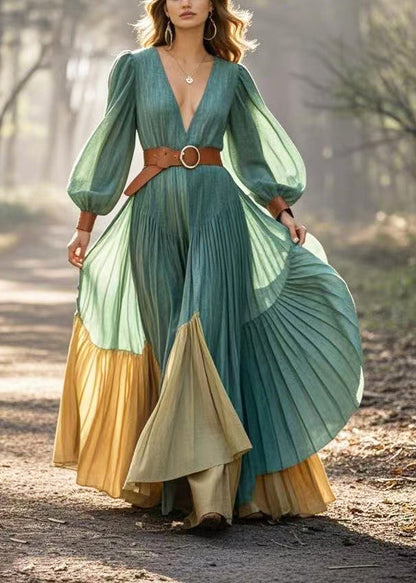 Green Cinched Patchwork Exra Large Hem Pleated Dress Spring