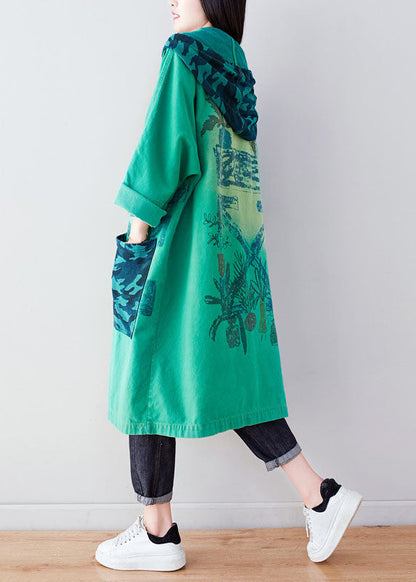 Green Hooded Print Cotton Hoodie Coat Spring