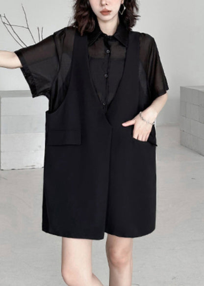 Black Pockets Patchwork Falsetwo Pieces Cotton Mid Dress Summer