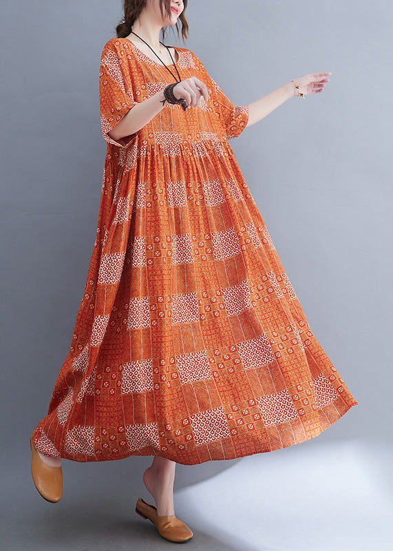 Orange O-neck Patchwork Wrinkled Party Maxi Dress Summer