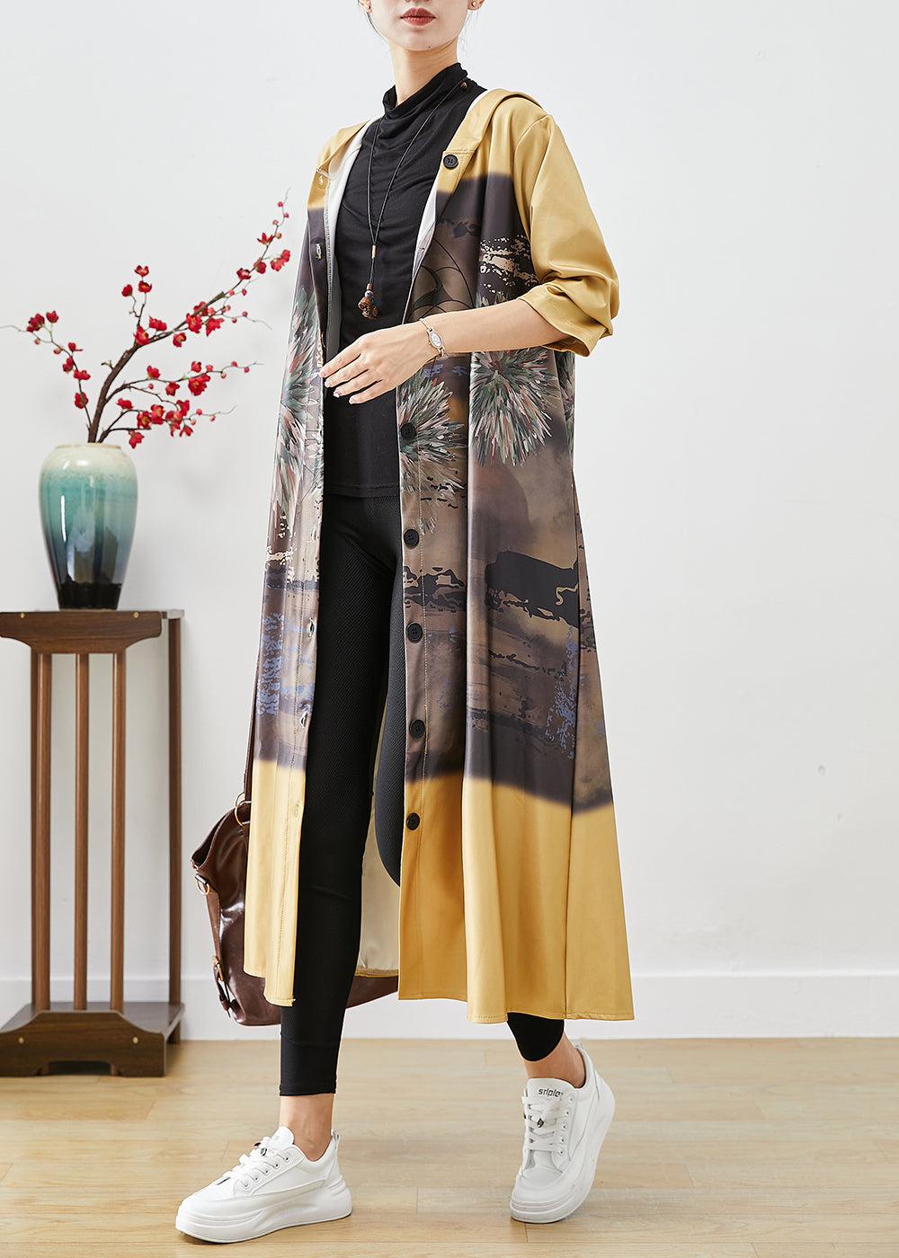 Yellow Hooded Print Cotton Trench Coats Fall