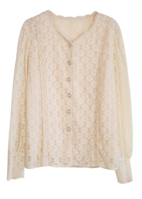 Apricot V Neck Button Patchwork Lace Top Fall