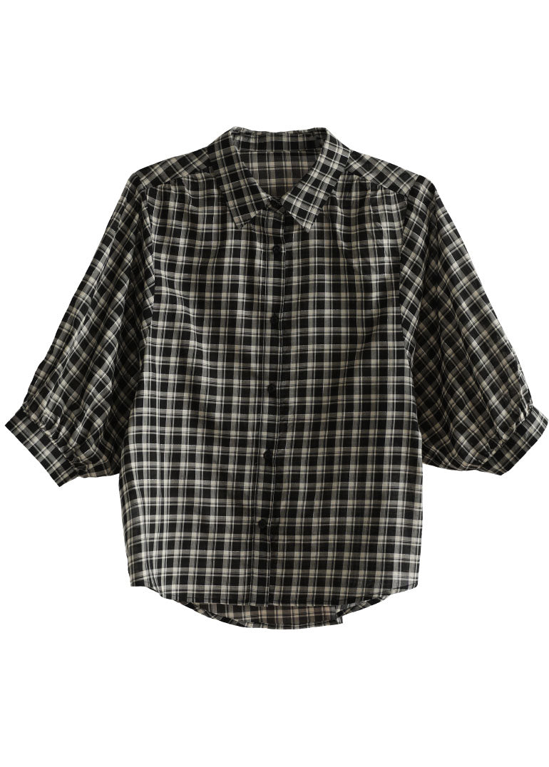 Black Peter Pan Collar Plaid Cotton Shirt Top Bracelet Sleeve Summer